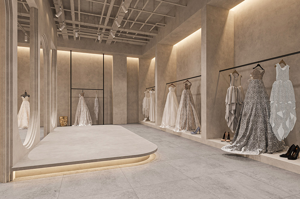 侘寂風(fēng)婚紗店試衣區(qū)和服裝展示區(qū)
